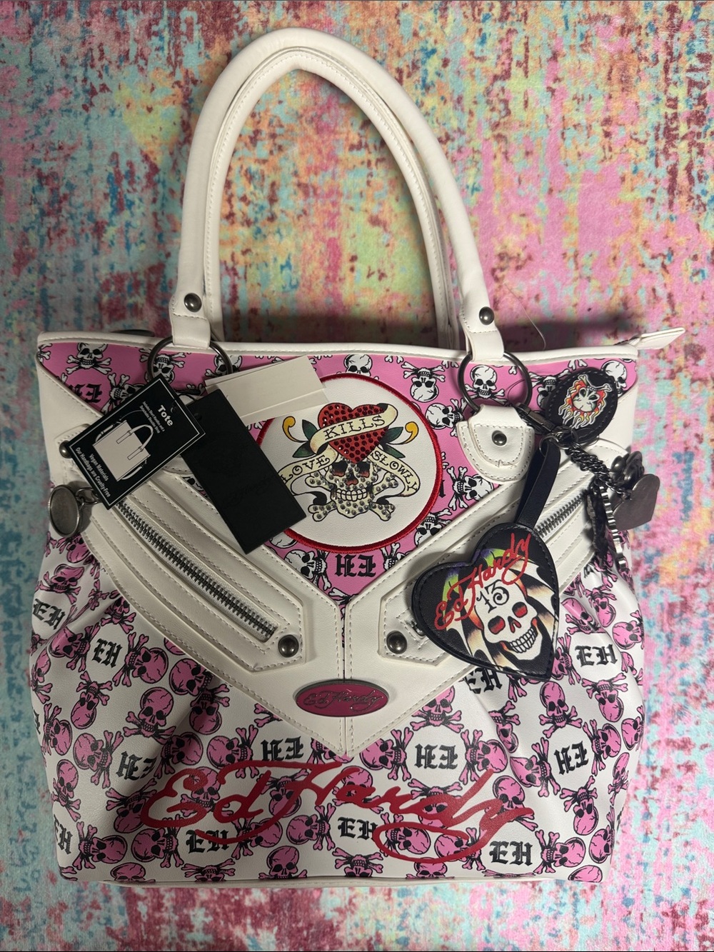 Ed Hardy White & Pink Skull Graphic Tote with Heart Charm